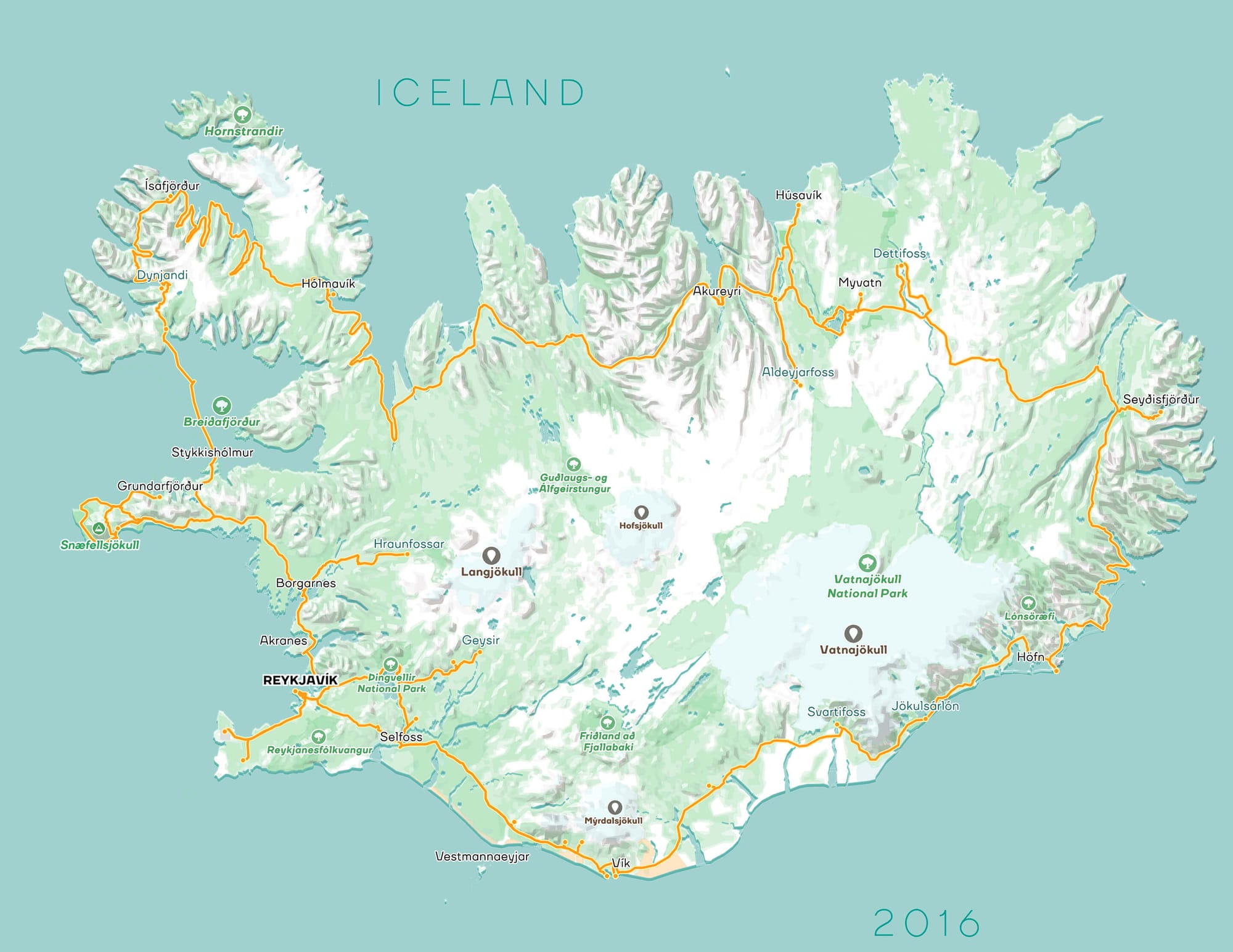 Map of Iceland designed by Nimit Shah. The map zoomed out at the country level showcasing the white, green shades of landcover with terrain shading. Glaciers marked in a very light pastel blue. The entire roadtrip marked in yellow and orange. When the page is seen on dark mode, the Aurora Borealis animation plays behind the appendix