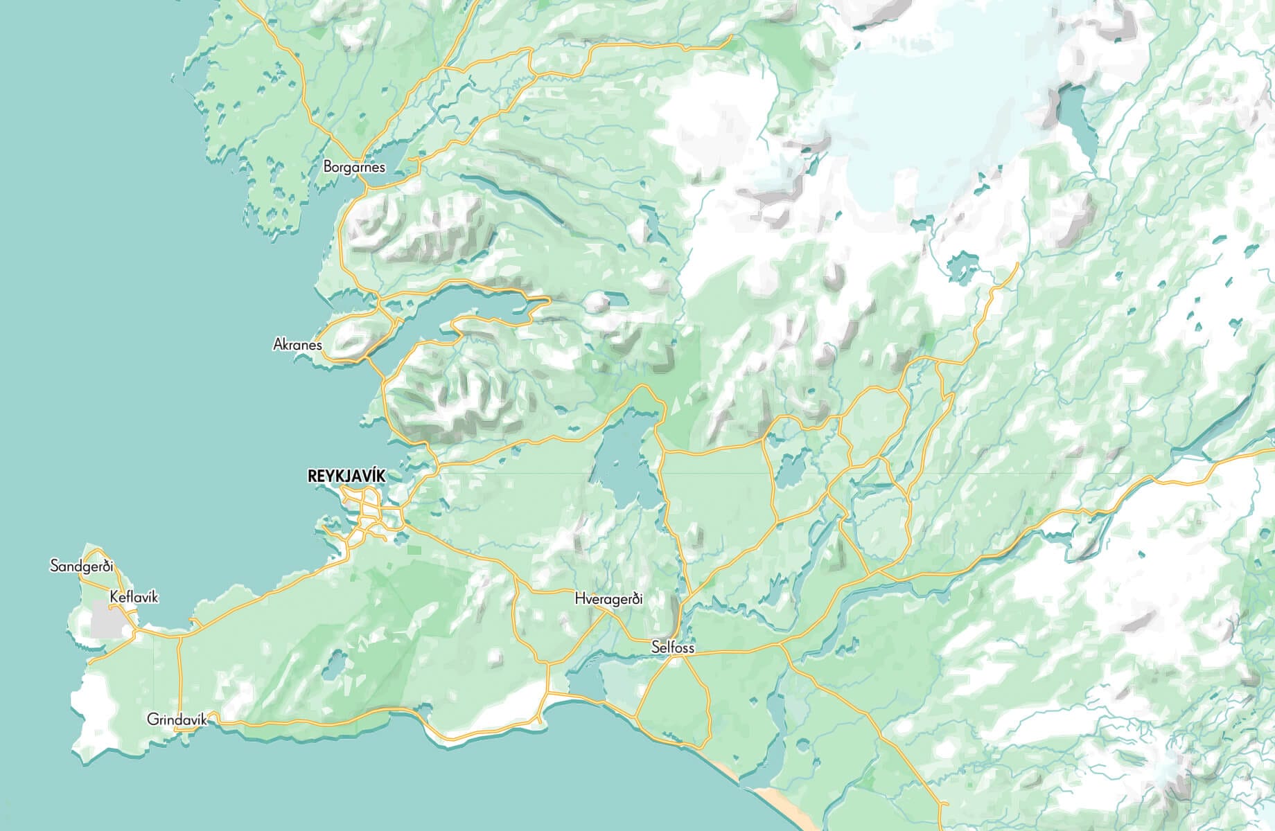 WIP version of Map of Iceland designed by Nimit Shah, with roads mapped in yellow and orange on top of the earlier map
